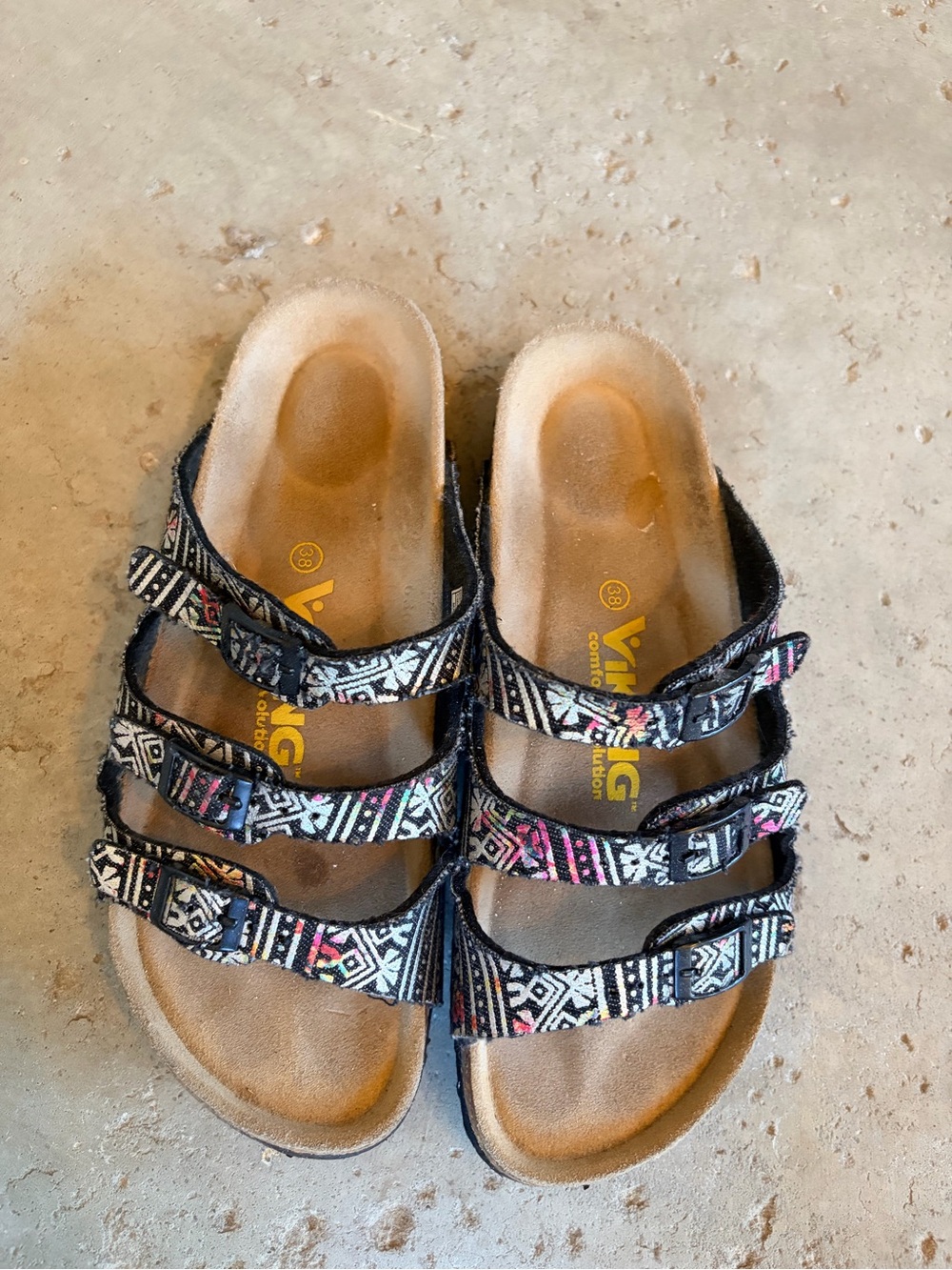 Viking Black Patterned Triple-Strap Sandals with Pink & White Accents